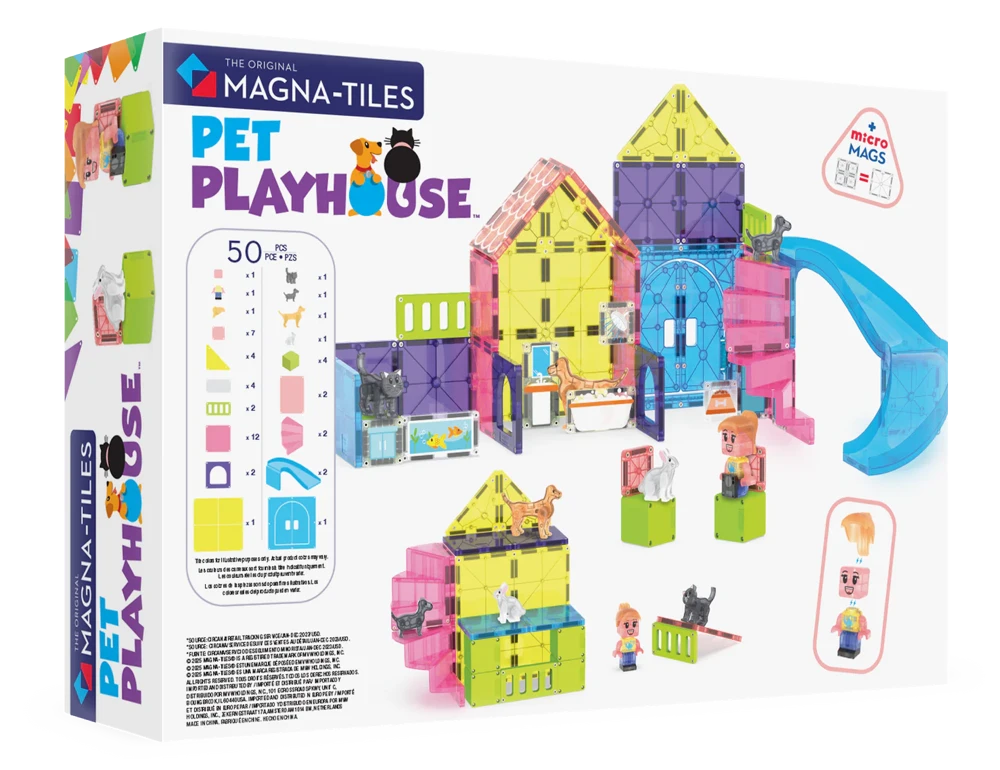 Verpakking van Magna Tiles Pet Playhouse met 50 magnetische tegels en kleurrijke dierenfiguren.
