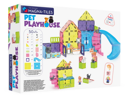 Verpakking van Magna Tiles Pet Playhouse met 50 magnetische tegels en kleurrijke dierenfiguren.