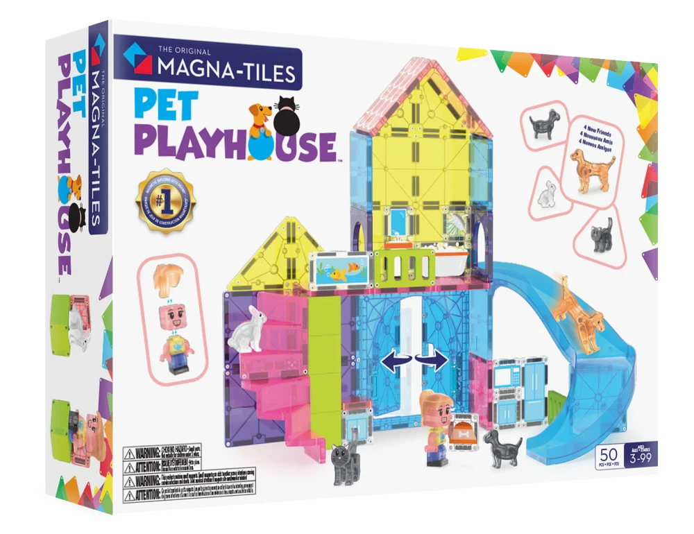 Voorkant verpakking van Magna Tiles Pet Playhouse met speelhuis, glijbaan en 4 magnetische dierenfiguren.