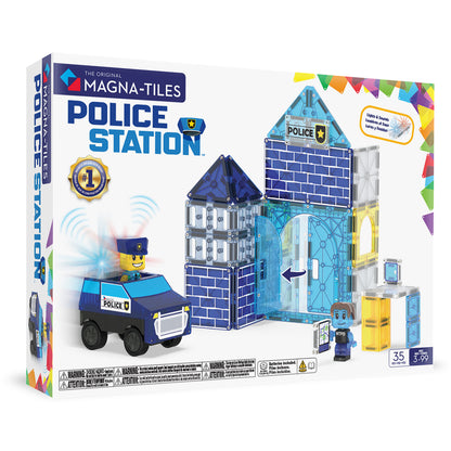 Magnetic magna tiles Police Station voorkant verpakking met 35 magnetische tegels en politieauto