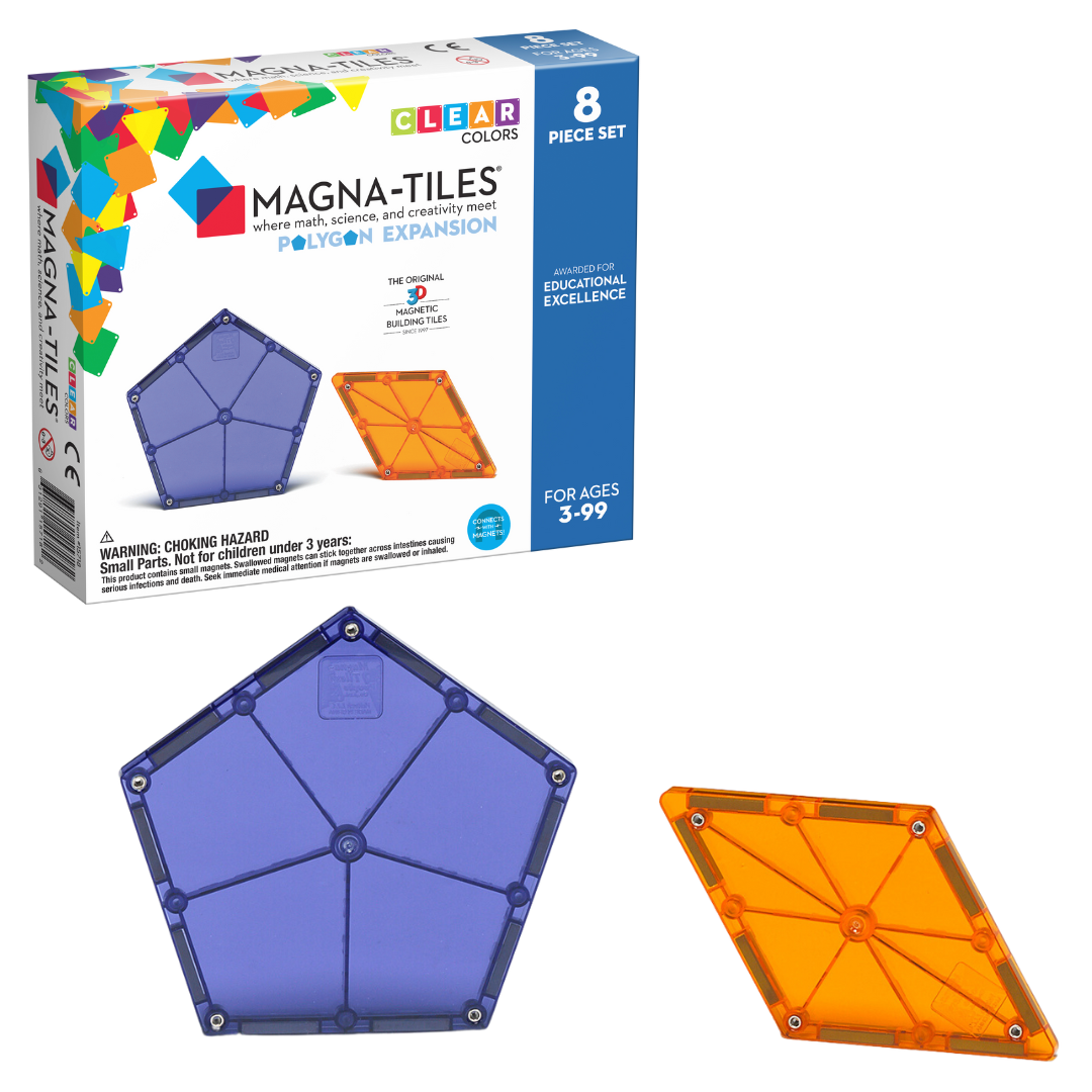 Magnetic magna tiles polygons expansion set 8 stuks voorkant verpakking met paarse vijfhoek en oranje ruit