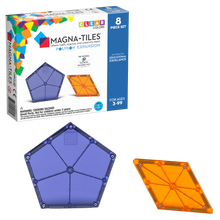 Magnetic magna tiles polygons expansion set 8 stuks voorkant verpakking met paarse vijfhoek en oranje ruit