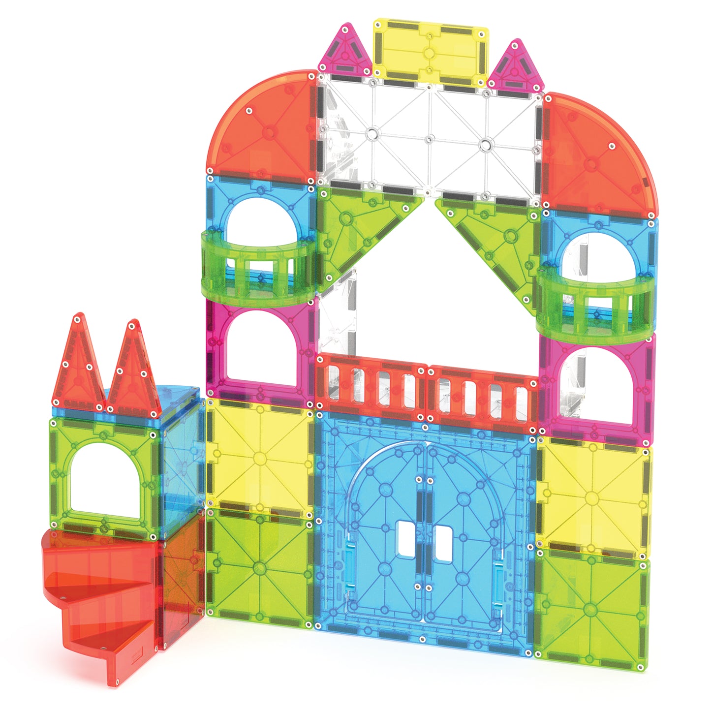 Magnetic magna tiles kleurrijke poort met 110 magnetische tegels en hekonderdelen vooraanzicht
