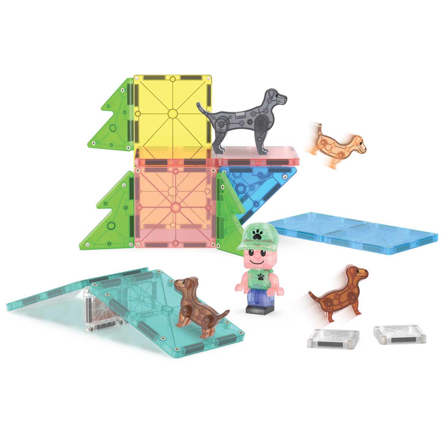 Magnetic magna tiles Puppy Park bovenaanzicht met alle 27 magnetische tegels en hondje accessoires uitgelegd