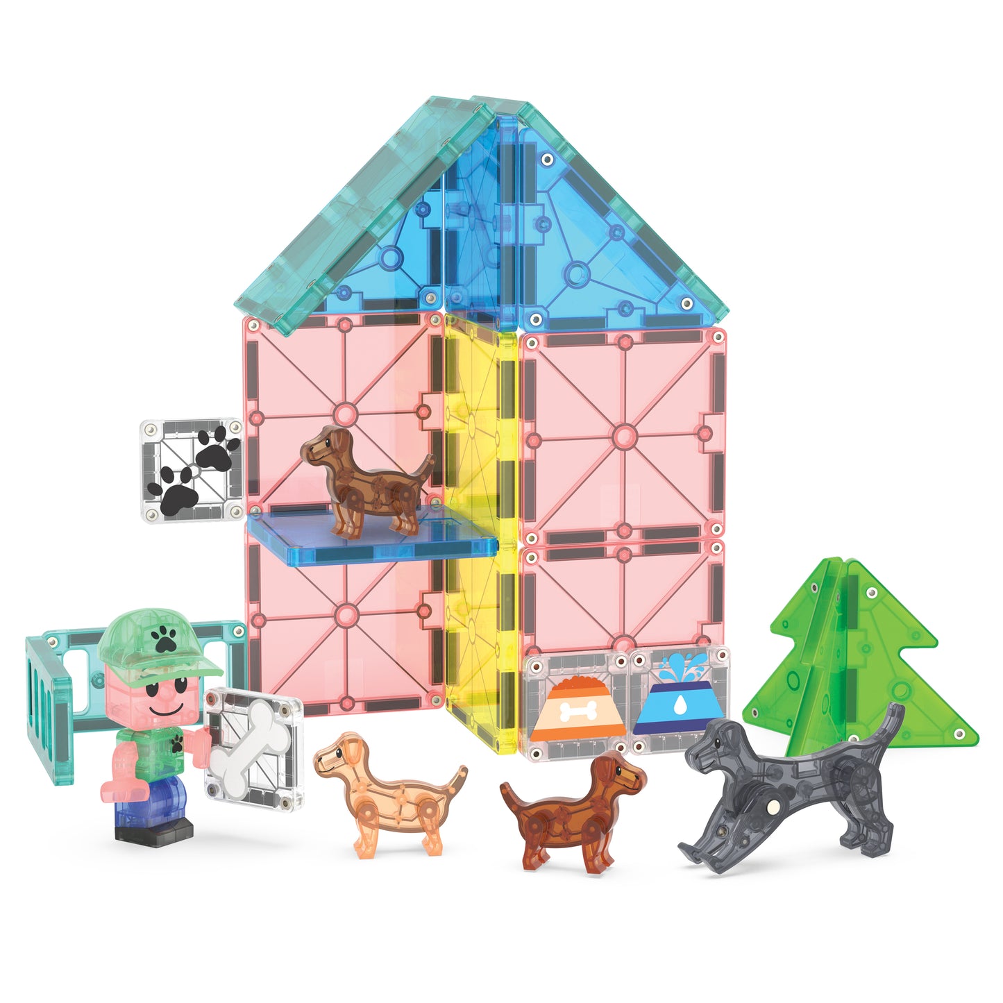 Magnetic magna tiles Puppy Park compleet met 27 magnetische tegels, hondjes en poppetje, witte achtergrond