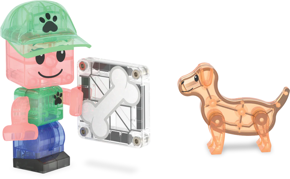 Transparant poppetje en hondje uit de Puppy Park MicroMags set met magnetisch botblokje voor interactief spel.