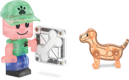 Transparant poppetje en hondje uit de Puppy Park MicroMags set met magnetisch botblokje voor interactief spel.