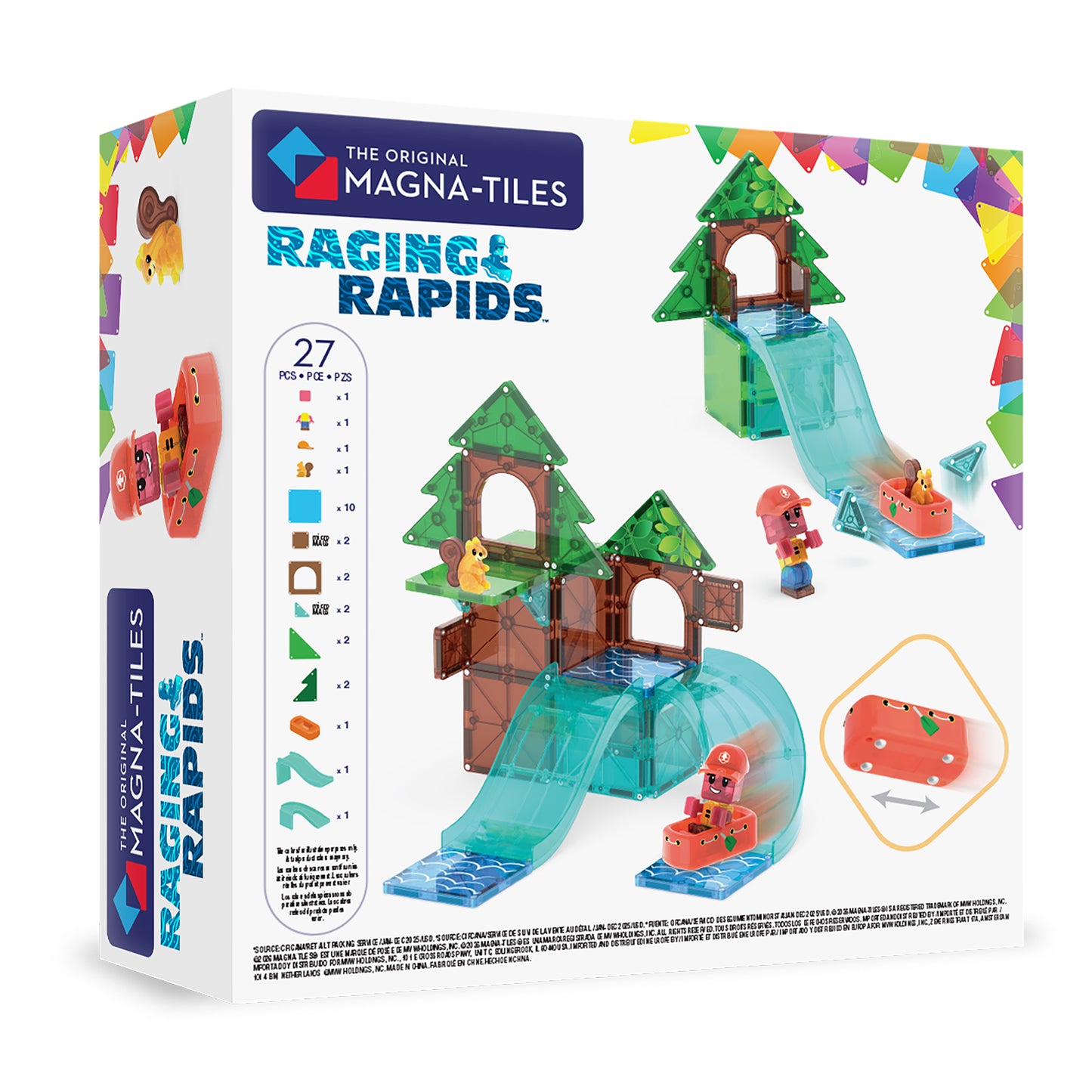Magnetic magna tiles Raging Rapids achterzijde verpakking met 27 magnetische tegels en wildwaterbaan set