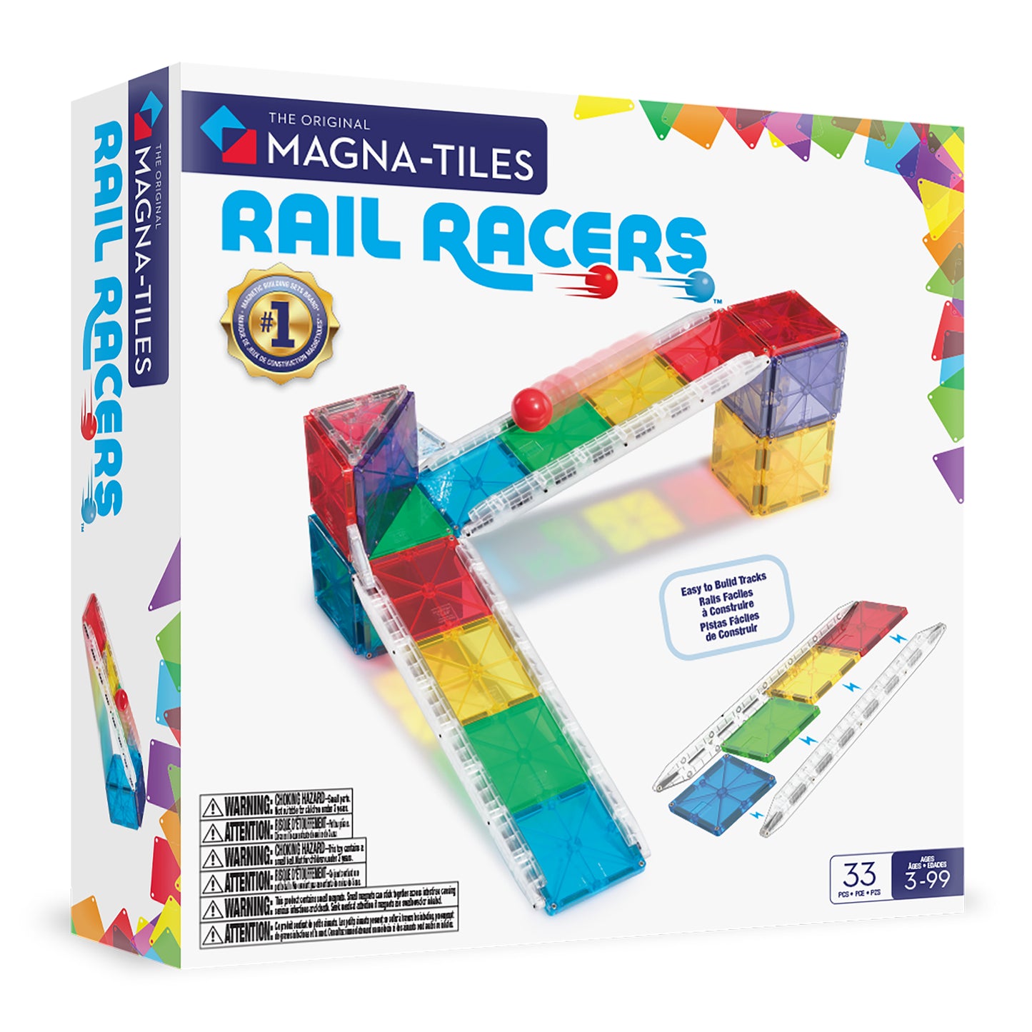 Magnetic magna tiles Rail Racers verpakking voorkant met 33 magnetische tegels en knikkerbaan