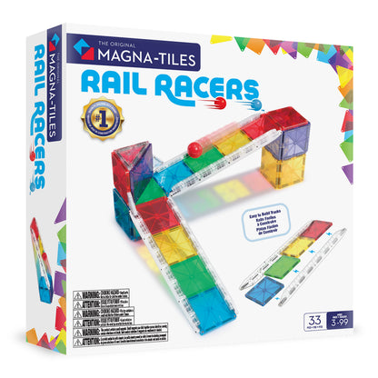 Magnetic magna tiles Rail Racers verpakking voorkant met 33 magnetische tegels en knikkerbaan