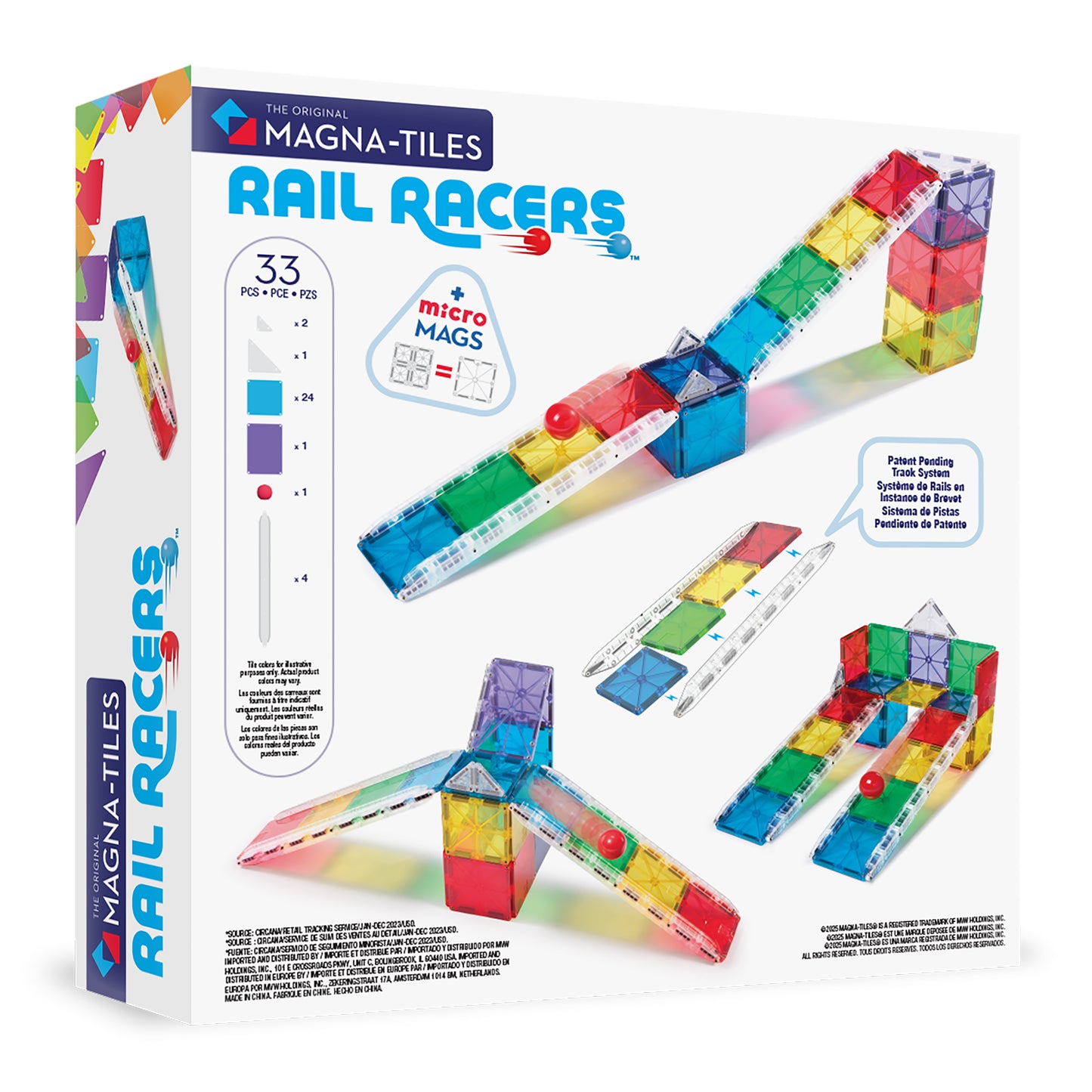 Magnetic magna tiles Rail Racers achterzijde verpakking met MicroMags en 33 magnetische tegels info