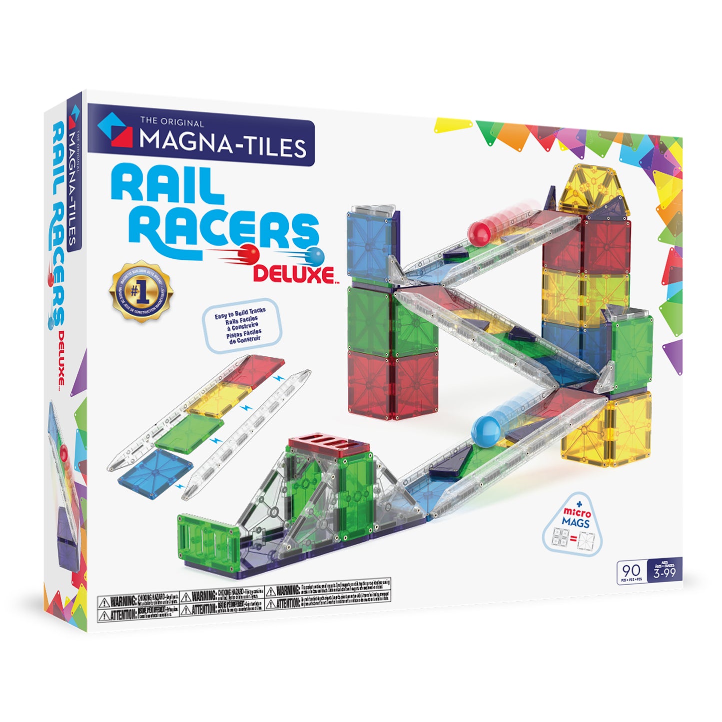 Magnetic magna tiles Rail Racers Deluxe voorkant verpakking met 90 magnetische tegels en knikkerbaan