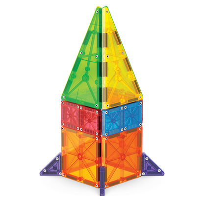 Magnetic magna tiles raket vooraanzicht met 20 kleurrijke magnetische tegels en MicroMags basis