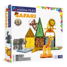 Voorkant doos van Magnetic Magna Tiles Safari Animals set met 25 magnetische bouwstenen en dierfiguren, magneet speelgoed.
