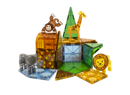 Safari speelgoedopstelling met magnetic Magna-Tiles Safari Animals, 25 magnetische bouwstenen met dieren en magneetplezier.