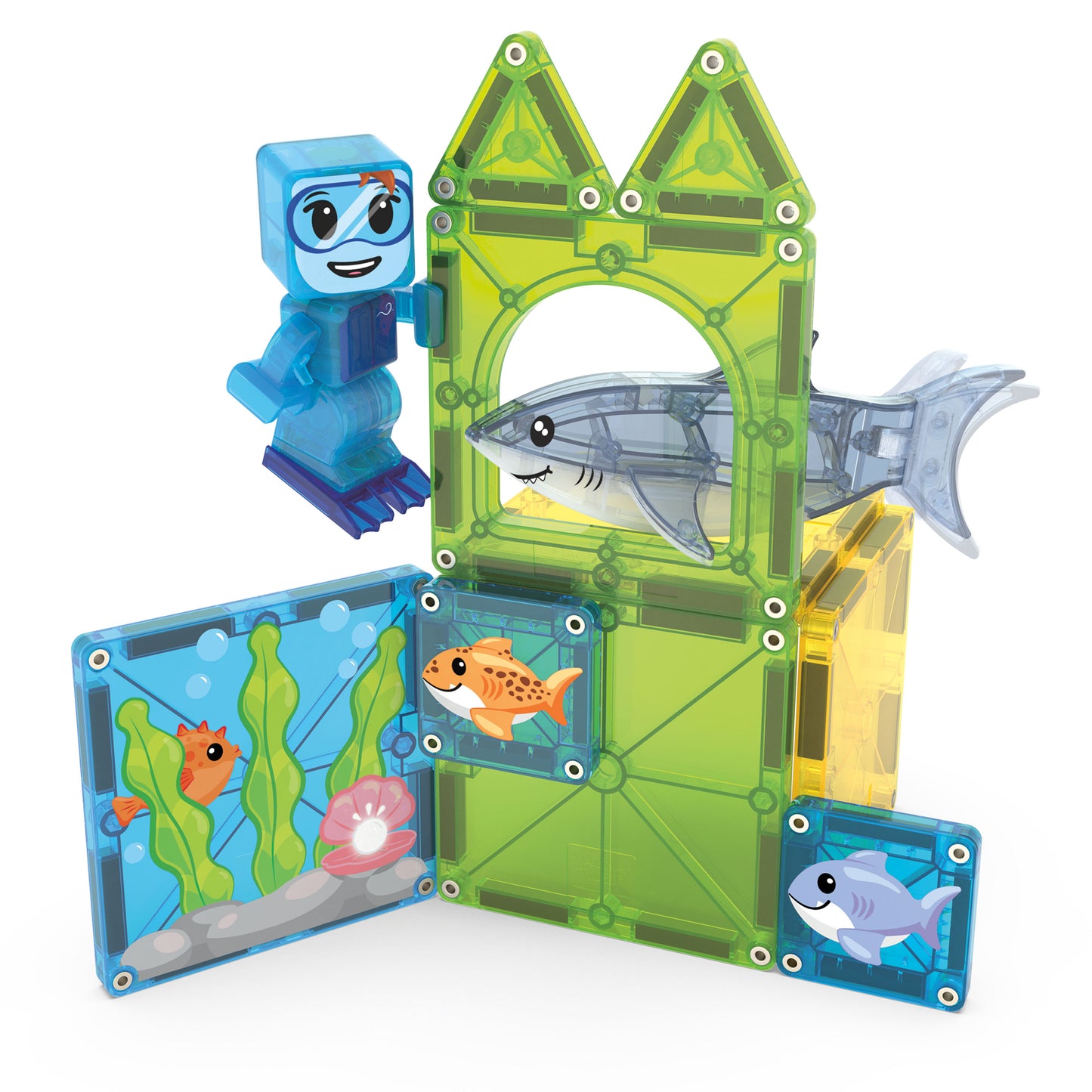 Magnetic magna tiles Shark Dive creatief bouwwerk met 13 magnetische onderdelen in groen, geel en blauw
