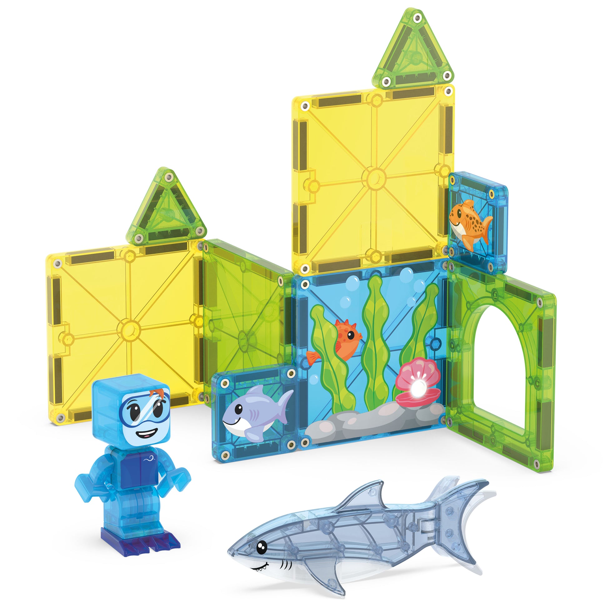 Magnetic magna tiles Shark Dive detail met magnetische duiker, haai en kleurrijke bouwtegels op witte achtergrond