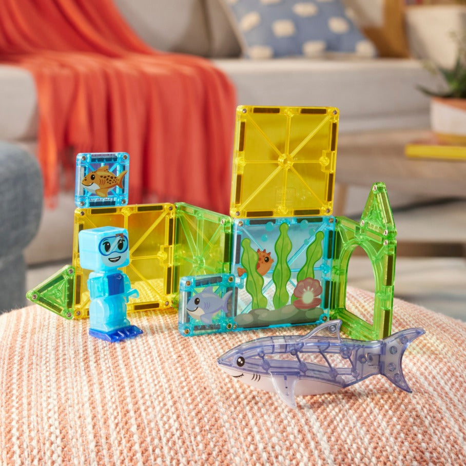 Magnetic magna tiles Shark Dive set met magnetische haai, duiker en kleurrijke MicroMags voor kinderen