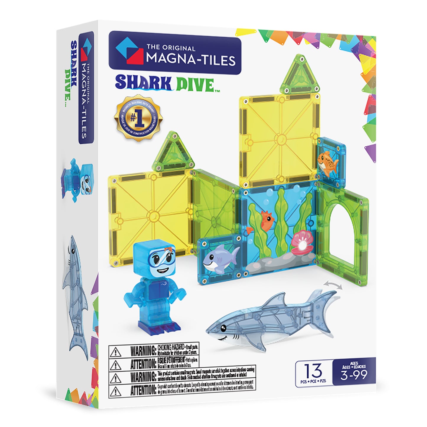Magnetic magna tiles Shark Dive voorkant verpakking met 13 magnetische onderdelen inclusief haai en duiker