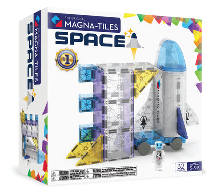 Magnetic magna tiles Space set voorkant verpakking met 32 magnetische tegels en raket constructie