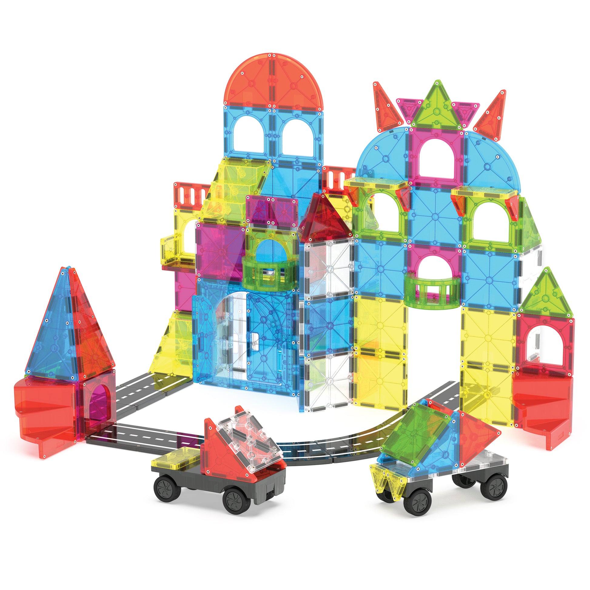 Magnetic magna tiles 110 magnetische tegels stadsset met Hamster Ball voertuigen op witte achtergrond