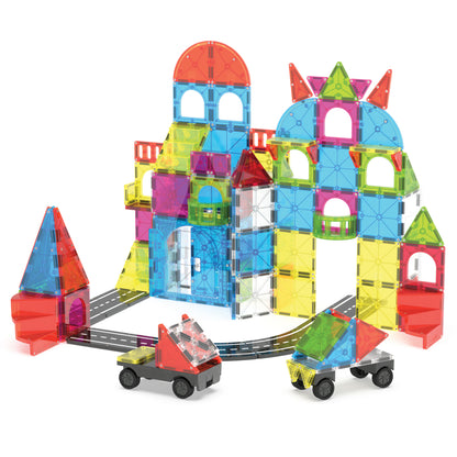 Magnetic magna tiles 110 magnetische tegels stadsset met Hamster Ball voertuigen op witte achtergrond