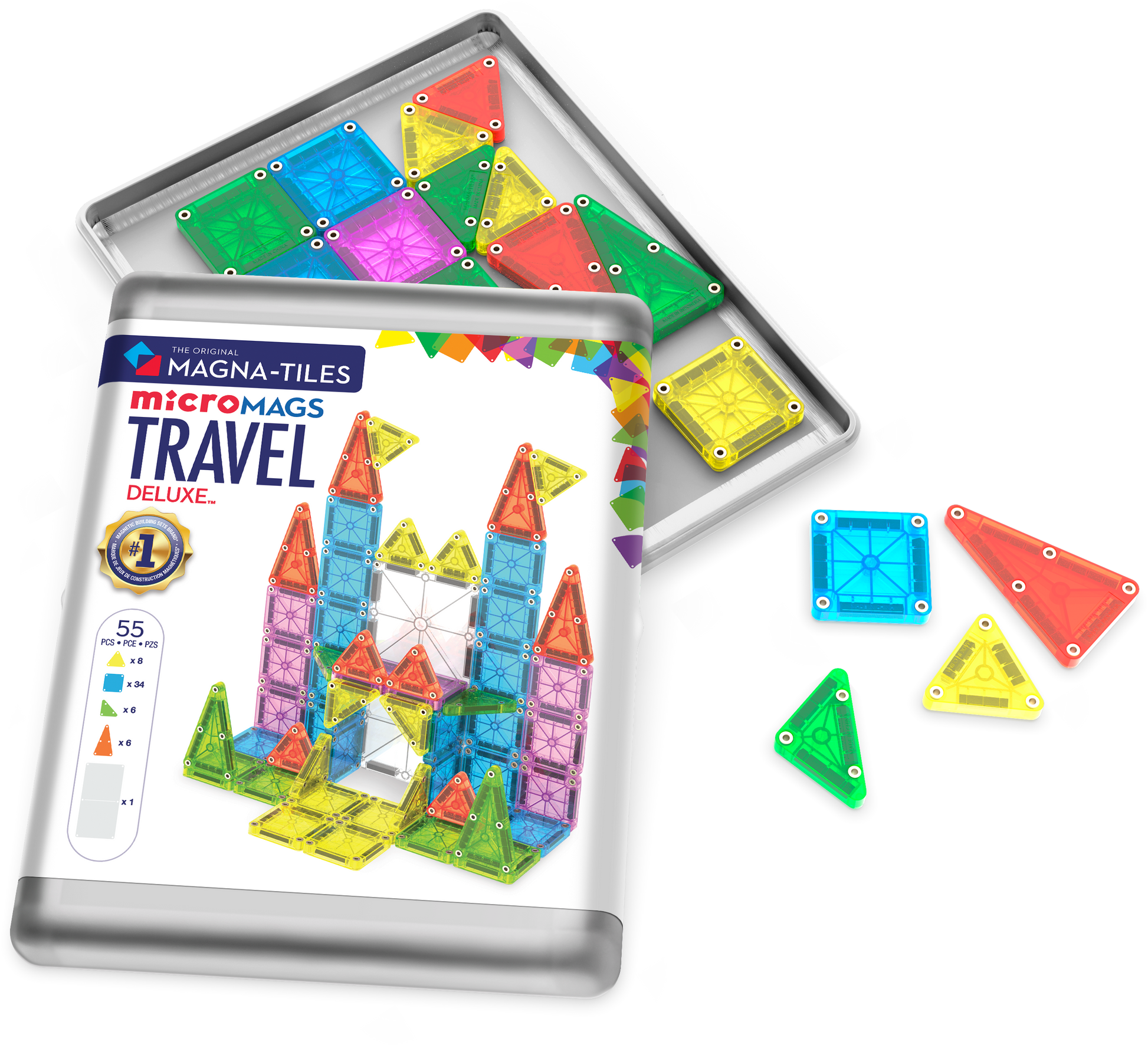 Magnetic magna tiles Travel Set Deluxe met 55 MicroMags in bewaardoos en losse kleurrijke tegels