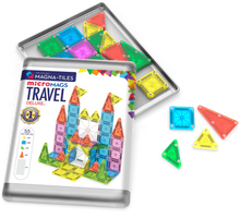 Magnetic magna tiles Travel Set Deluxe met 55 MicroMags tegels in zilverkleurige tin op witte achtergrond