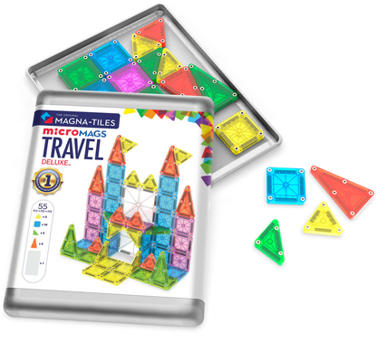 Magnetic magna tiles Travel Set Deluxe met 55 MicroMags tegels in zilverkleurige tin op witte achtergrond