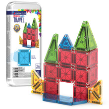 Magnetic magna tiles travel set met 26 MicroMags tegels in transparante kleuren, kasteel gebouwd