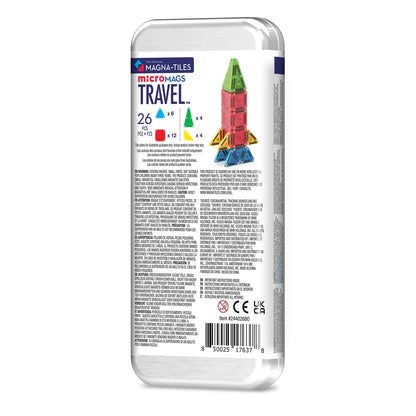 Achterzijde van de Magnetic Magna Tiles Travel Set met uitleg over de 26 magnetische bouwstenen en kleurrijke voorbeeldconstructie.