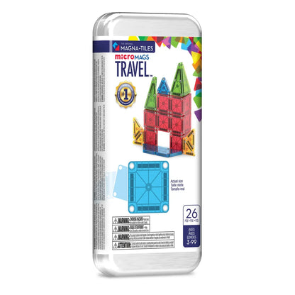 Verpakking van de Magnetic Magna Tiles Travel Set met 26 magnetische tegels in kleurrijk ontwerp, geschikt als compact magneet speelgoed.
