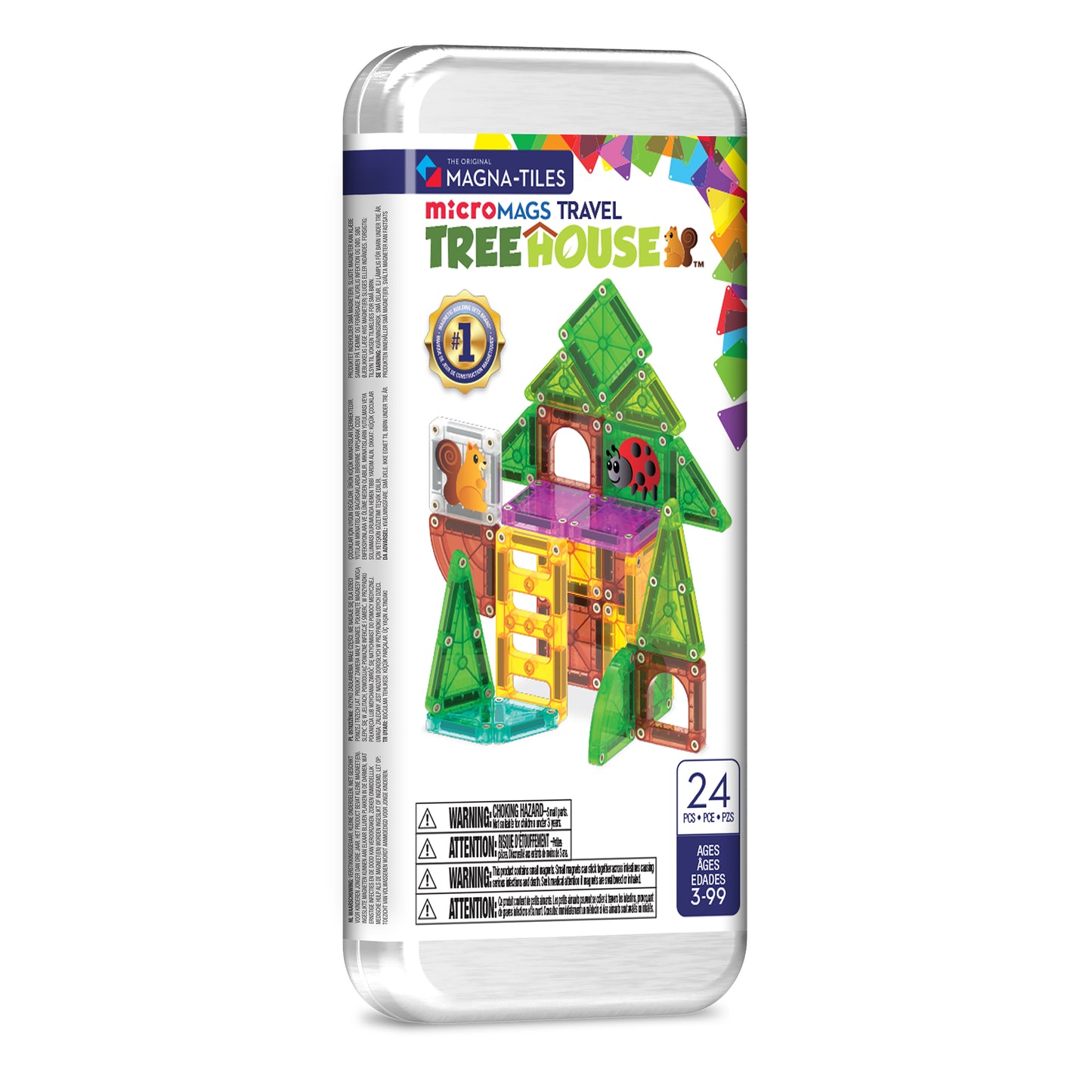 Magnetic magna tiles Travel Tree House voorkant verpakking met 24 MicroMAGS kleurrijke magnetische tegels