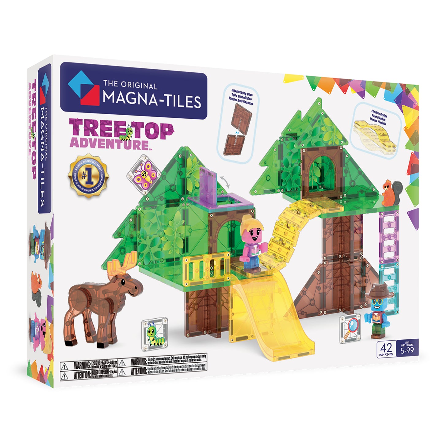 Magnetic magna tiles Treetop Adventure voorkant verpakking met boomhut glijbaan en magnetische eland