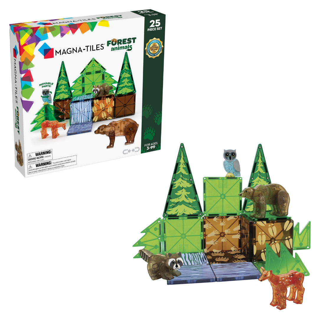 Magnetic magna tiles Forest Animals set verpakking en opgebouwde boshut magneet speelgoed