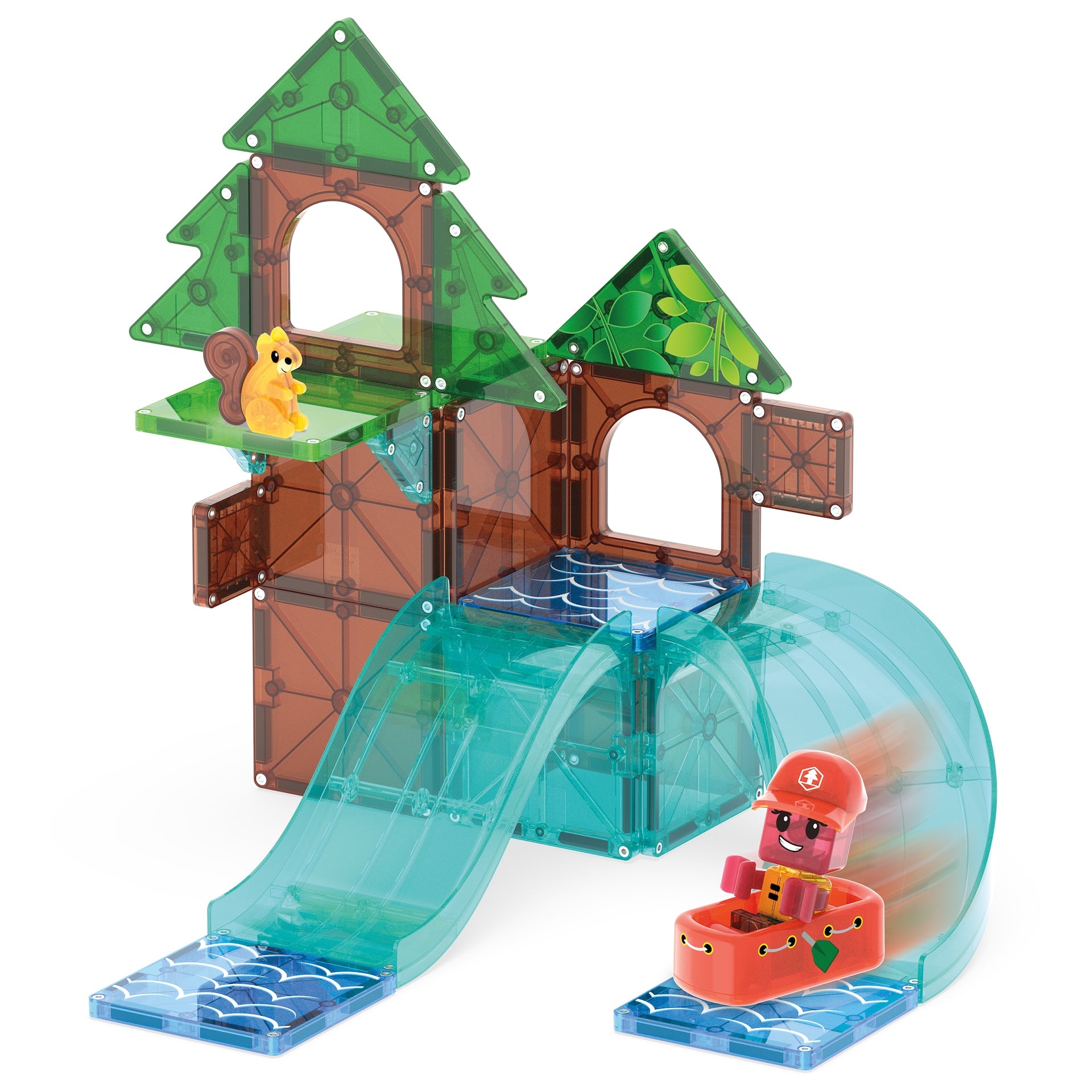 Magnetic magna tiles Raging Rapids wildwaterbaan met reddingswerker in raft en magneet speelgoed onderdelen