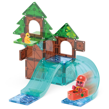 Magnetic magna tiles Raging Rapids wildwaterbaan met reddingswerker in raft en magneet speelgoed onderdelen