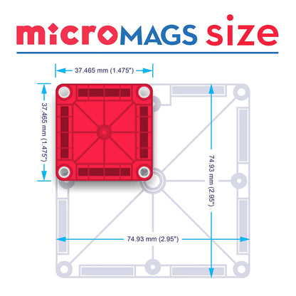 Magnetic Magna Tiles Winter Wonder Travel Set MicroMags formaatvergelijking met rode kleine tegel en grotere tegel.