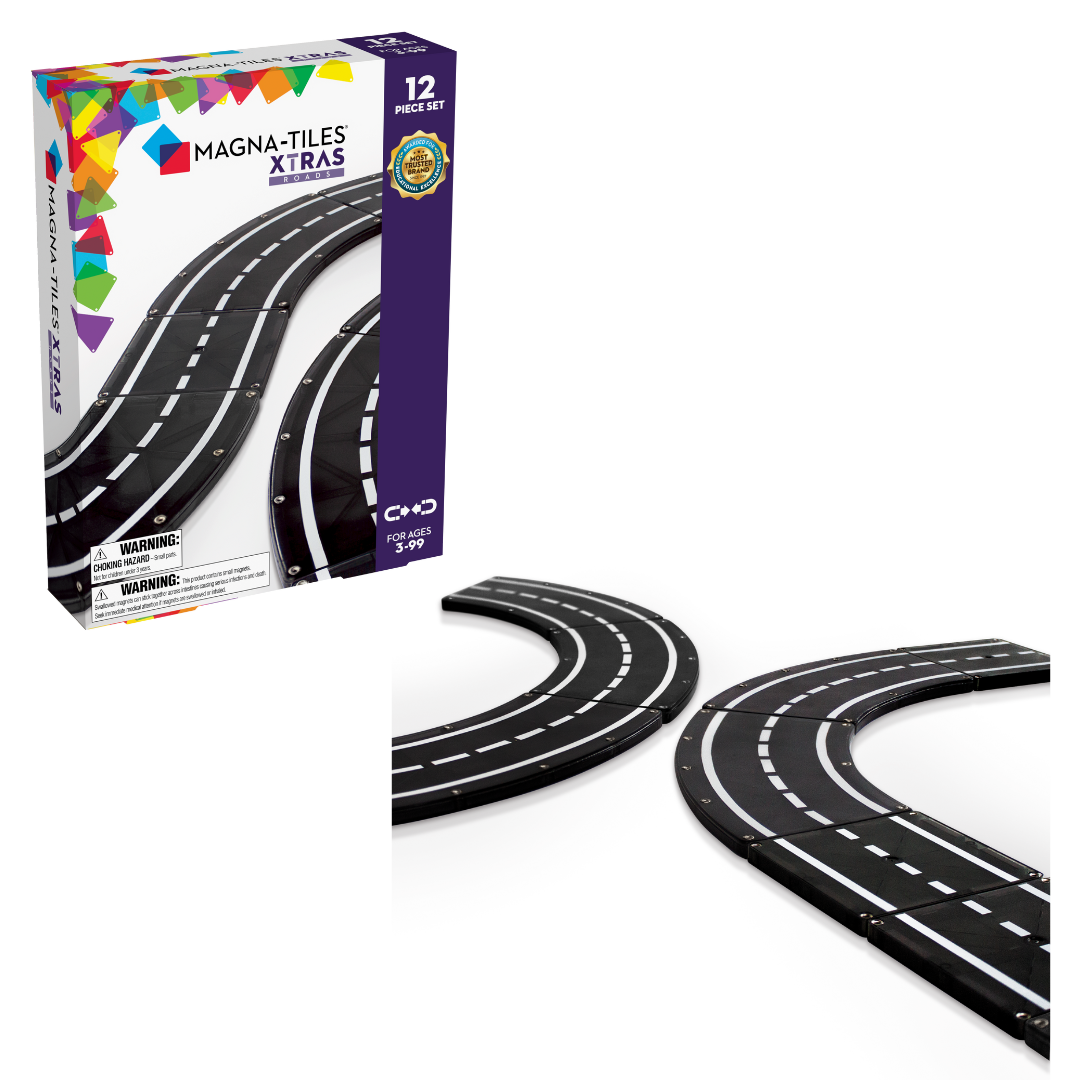 Magnetic magna tiles XTRAS roads 12-delige set met verpakking en zwarte wegbanen op witte achtergrond