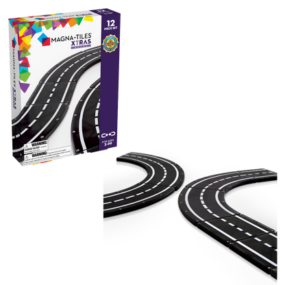 Magnetic magna tiles XTRAS roads 12-delige set met verpakking en zwarte wegbanen op witte achtergrond
