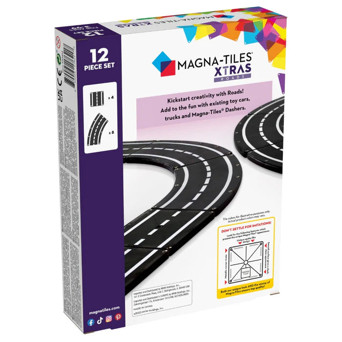 Magnetic magna tiles XTRAS roads achterzijde verpakking met productinformatie en 12-delige set details