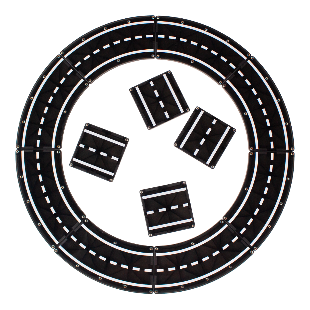 Magnetic magna tiles XTRAS roads bovenaanzicht cirkelconfiguratie met 12 magnetische tegels op witte achtergrond