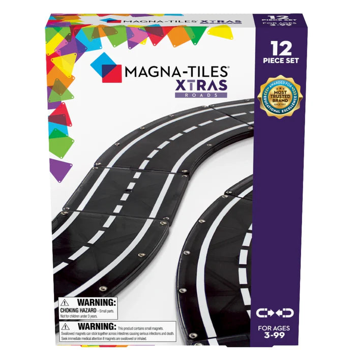 Magnetic magna tiles XTRAS roads voorkant verpakking 12-delige magneet speelgoed set voor kinderen 3-99 jaar