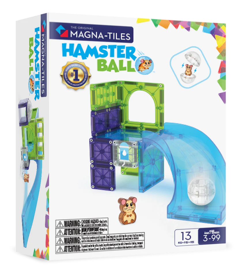 voorkant doos van Magna Tiles Hamster Ball met magneet speelgoed voor kinderen van 3 tot 99 jaar oud.