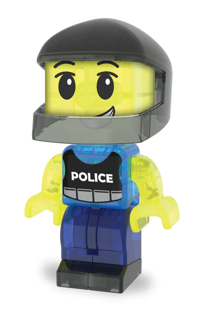 Politiefiguur met zwart vest uit de Police Patrol speelset met magneet speelgoed van Magna Tiles.