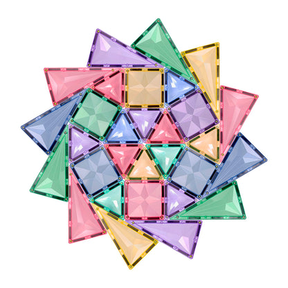 Magnetisch speelgoed bovenaanzicht, Coblo magnetische tegels in stervorm met pastel vierkanten en driehoeken