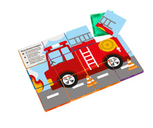 Magnetisch speelgoed Coblo brandweerwagen puzzel met kleurrijke magneten en informatiekaart