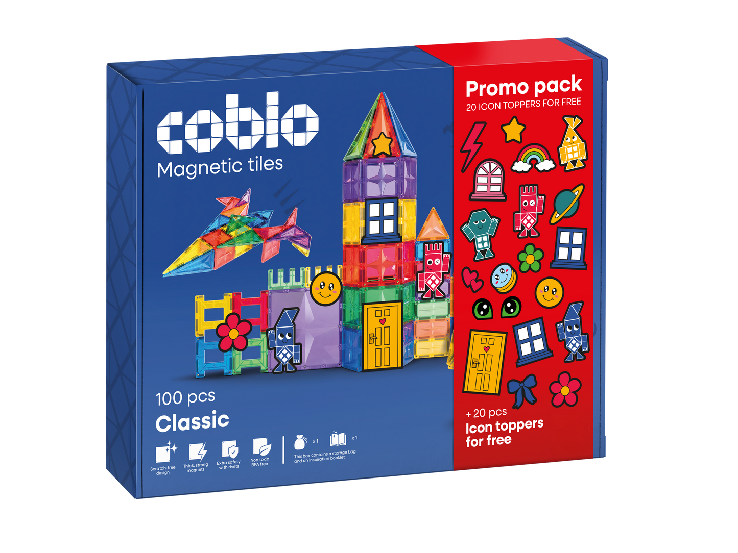 Magnetisch speelgoed Coblo Classic 100 stuks met 20 icon toppers, voorkant verpakking promopack
