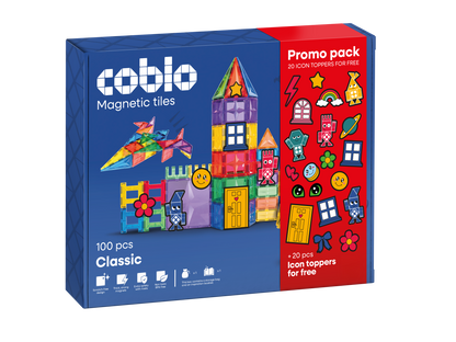 Magnetisch speelgoed Coblo Classic 100 stuks met 20 icon toppers, voorkant verpakking promopack