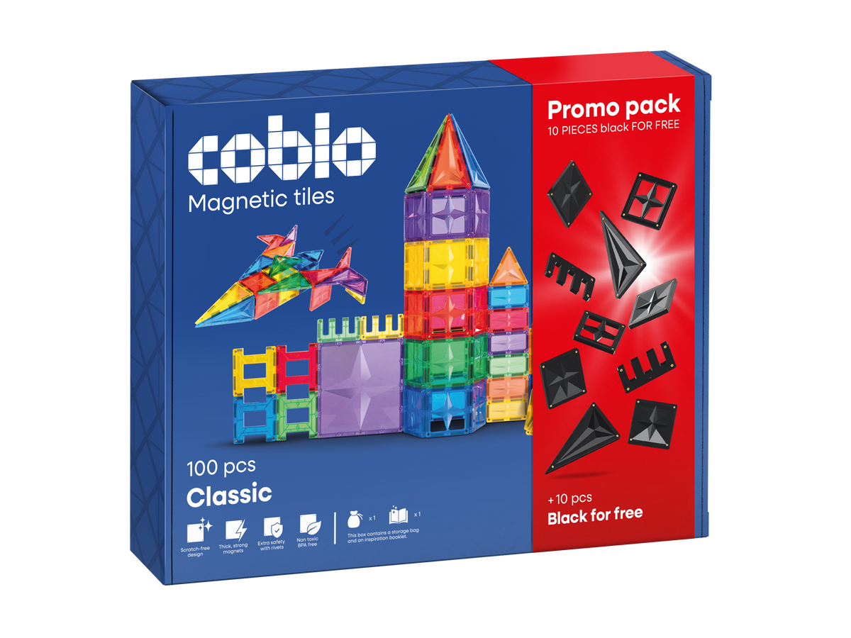 Magnetisch speelgoed Coblo Classic promopack 100 stuks met 10 gratis zwarte tegels voorkant verpakking